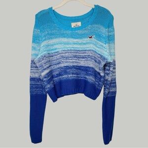 Y2K Hollister Blue Crop Cable Knit Sweater M Logo Pullover Coastal Grunge, Surf